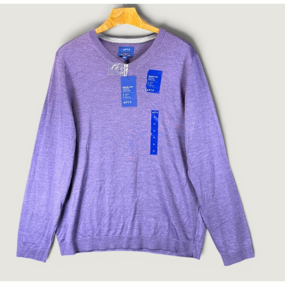NWT Apt 9 V-Neck Seriously Soft Merino Wool Blend Sweater Mens XL Purple Hipster